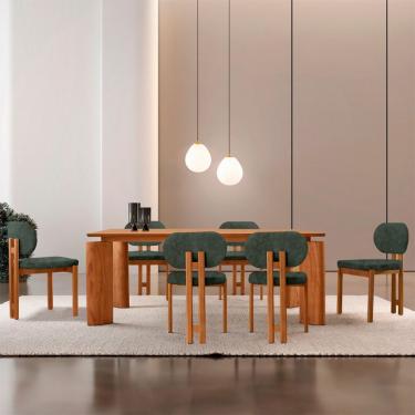 Imagem de Mesa de Jantar Retangular com Tampo Laminado e 6 Cadeiras Aimê Veludo Grafite e Imbuia Natural