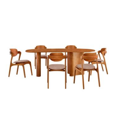 Imagem de Mesa de Jantar Orgânica Savana com Tampo Laminado e 6 Cadeiras Savana Gold Linho Bege e Imbuia Natural