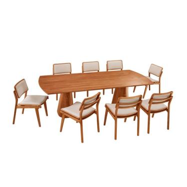 Imagem de Mesa de Jantar Retangular Itália com Tampo Laminado e 8 Cadeiras Lea Linho Off White e Imbuia Natural