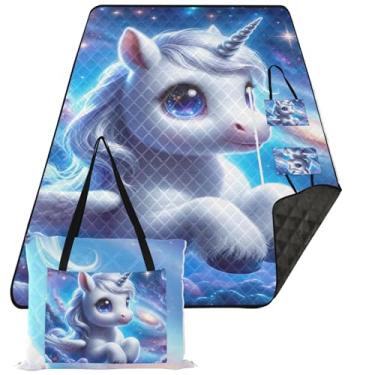 Imagem de TSENQUE Lindo unicórnio espaço galáxia bonito piquenique essencial dobrável impermeável cobertor de praia à prova de areia grande impressão cobertor de acampamento para grama 299.7 cm x 203.2 cm