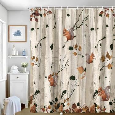 Imagem de Cortina de chuveiro de bétula esquilo fofo em tronco manchado, folhas murchas, decoração outono outono imagem floresta decídua conjunto de acessórios de banheiro poliéster com gancho 170x170 cm A