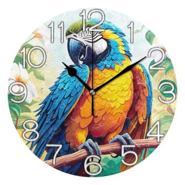 Imagem de GAIGEO Relógio de parede analógico decorativo para sala de aula, relógio de escritório, operado por bateria, arte de parede moderna, decoração de casa, arara azul amarela, arte tropical, 25 cm