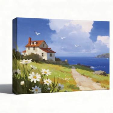 Imagem de Arte de parede de paisagem de outono, pintura a óleo de campo de flores silvestres de outono, arte em tela rústica para sala de estar quarto decoração sazonal, 20 x 25 cm
