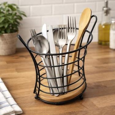Imagem de Suporte Talheres Moderno Escorredor Louça Aramado Preto Metálico Madeira Multiuso Utensílios (Ovalado)