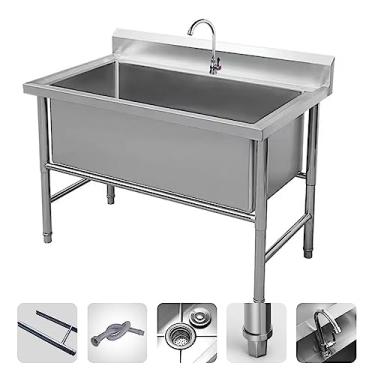 Imagem de Pia de tigela única grande, pia comercial, pia industrial de cozinha, pia de restaurante comercial de aço inoxidável, com kit de drenagem e torneira (80 cm/31,5 pol.)