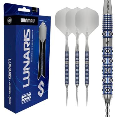 Imagem de Winmau Dardos – Conjunto de dardos Lunaris 90% Tungstênio | Eixo Curto Transparente Fusion | Sulco e Ponto de Interruptor Suave | Paralelo 23 g/25 g, Cônico 22 g/24 g Barris Azul e Prata | Sistema de