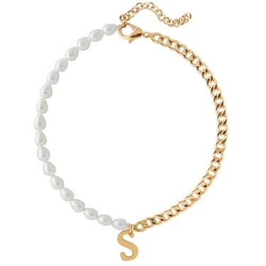 Imagem de Wellike Colar de corrente de meia pérola, meia Cuba, com iniciais, aço inoxidável, PVD, pingente de ouro 18K, gargantilha grossa de ouro com caixa de presente, Standard, Pérola, Pérola de vidro