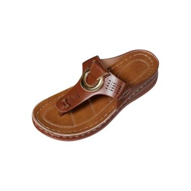 Imagem de Pantufas femininas vazadas com bico aberto, sola grossa, para uso casual primavera verão, Marrom, 35