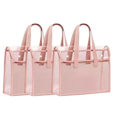Imagem de KIT 3 UNIDADES Bolsa transparente sacola resistente à água e durável – Bolsa de plástico transparente para uso casual, estádios, shoppings, trabalho (ROSA)