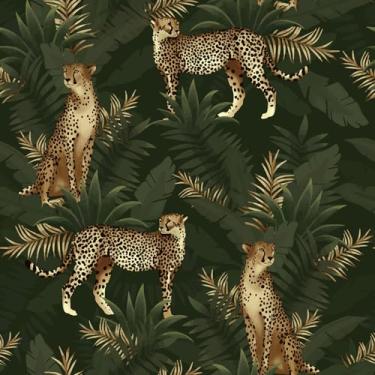 Imagem de BEETAL Papel de parede verde escuro tropical folha de palmeira animal leopardo floresta descascar e colar papel de parede fácil de remover papel de contato adesivo para banheiro, impermeável, adequado