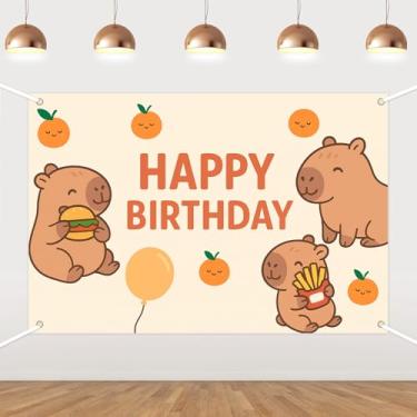Imagem de Pano de fundo de feliz aniversário com tema capivara – decoração de fundo para cabine de fotos de festa de aniversário de animal fofo para aniversário de aniversário, festa de aniversário, adereços de