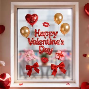 Imagem de Adesivos de janela de feliz dia dos namorados com laço design de balão de presente reutilizáveis adesivos de janela dupla face para aniversário festa escolar feriado escritório portas de vidro