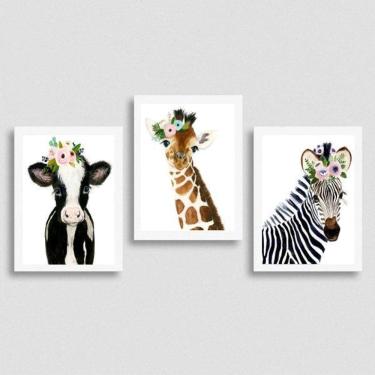 Imagem de Kit 3 Quadros Animais Coroa Flores 24X18Cm Branca
