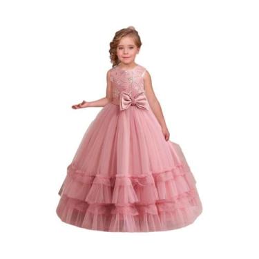 Imagem de Vestido De Menina Com Bordado Rosa Em Tule Longo Para Festa De Anivers