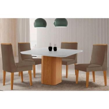 Imagem de Sala Jantar Mesa Maldivas Tampo c/ Vidro Curvo 90cm+4 Cadeiras Dakota 