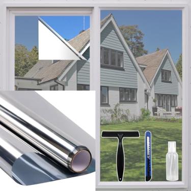 Imagem de Película de privacidade para janela unidirecional diurna 44,5 cm x 6,5 m, proteção estática contra sol e bloqueio de calor, espelho refletivo UV, matiz de janela para casa e escritório, prata