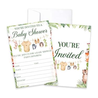 Imagem de Convites de chá de bebê da floresta, roupas de bebê, convites de preenchimento de chá de bebê, convites de revelação de gênero com envelopes para meninos meninas, vegetação animal da floresta