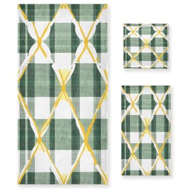 Imagem de xigua Conjunto de toalhas de banheiro padrão tartan verde absorvente macio 3 peças toalha de banho toalha de mão toalhas decorativas para banheiro, academia, hotel, praia, piscina