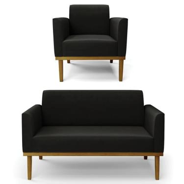 Imagem de Sofá Namoradeira E 1 Poltrona Base Madeira Castanho Maressa Suede Preto - Ibiza