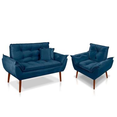 Imagem de Kit 01 Poltrona Opala + 01 Namoradeira Opala + 02 Almofadas Suede Azul Marinho