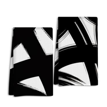 Imagem de Conjunto de 2 toalhas de cozinha abstratas pretas e brancas, modernas de meados do século, absorventes em preto e branco, toalha de banho, waffle, tecer, cozinha, pratos, toalhas de hóspedes