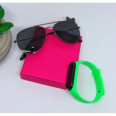 Imagem de Kit Relógio Led Infantil Band Bracelete Silicone Menina + Óculos de Sol Aviador Lacinho Flexível aço Proteção Uv400