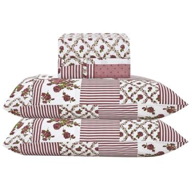 Imagem de Jogo De Lençol Lislie Queen 4 Peças Micropercal 300 Fios Estampado Floral - Patchwork Malva - 100% Poliéster