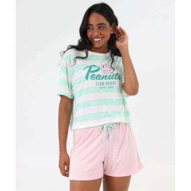 Imagem de Pijama Feminino Listrado Manga Curta Snoopy Rosa-67055, Verde, Rosa, G