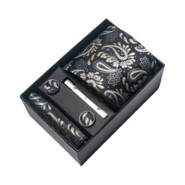 Imagem de Conjunto De Abotoaduras E Gravata Borboleta Marrom Paisley 8 Cm Com Le