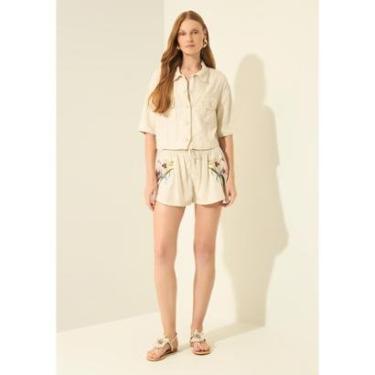 Imagem de Camisa Cropped De Mangas Curtas Com Bordado Em Sarja E Linho-Feminino