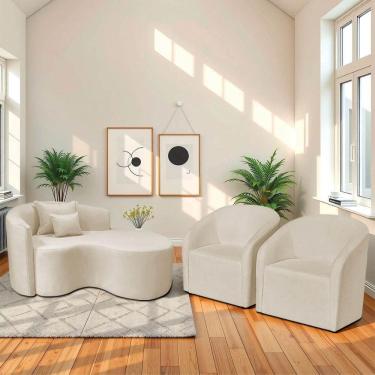 Imagem de Kit Recamier Curvo Sala De Estar 150cm Lado Direito E 2 Poltronas Orgânica Luiza Max Bouclé Bege