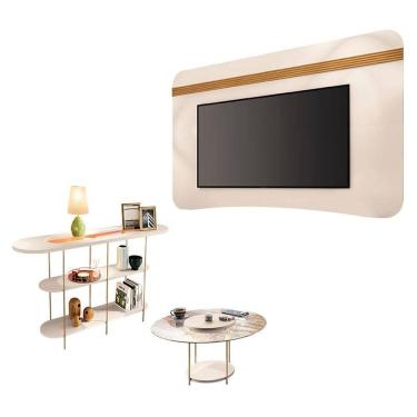 Imagem de Painel Suspenso Armony com Mesa de Centro Sky com Tampo de vidro e Aparador Infinity Off White Cinamomo - HB Móveis