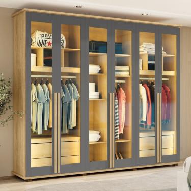 Imagem de Guarda-roupa Casal 6 Portas com Vidro Reflecta e Led 4 Gavetas Internas 3 Maleiros Royal Cinamomo Grafite