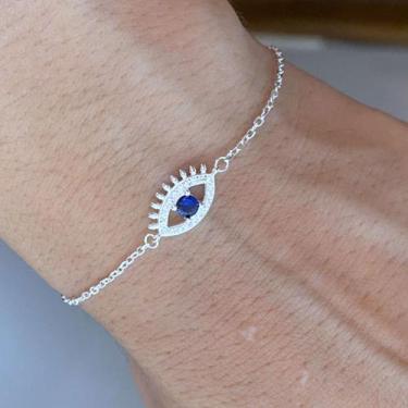 Imagem de Pulseira Feminina Olho Pedra Zircônia Azul Prata 925 Maciça - Hakuna J
