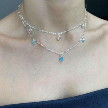 Imagem de Corrente Feminina Coração Pedra Zircônia Azul Rosa Prata 925 Cor:Azul 