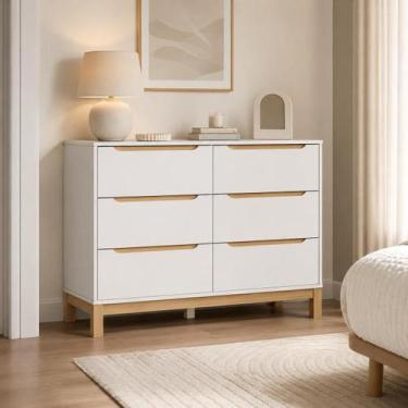 Imagem de Cômoda Infantil Cozy 6 gavetas Espaço para Tocador MDF Branco com Carv