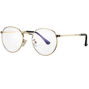 Imagem de Óculos de bloqueio de luz azul para mulheres masculino retrô redondo armação de óculos de metal 100% antiluz azul, Dourado, MM