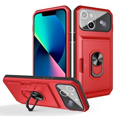 Imagem de zhouye Capa resistente para iPhone 14/14 Pro/14 Plus/14 Pro Max, capa de proteção de lente de grau militar com suporte de anel de metal giratório e slot para cartão magnético à prova de choque, vermelho, 14 Plus 6,7 polegadas