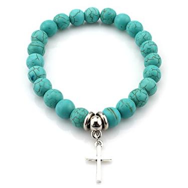 Imagem de Pulseira elástica com contas turquesa Boho cruz Faith Blessing, turquesa sintética, Sintético, Turquesa sintética