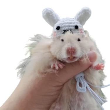Imagem de Chapéu de hamster mini animais pequenos com alça ajustável adoráveis chapéus pequenos tricotados à mão para lagarto, porquinho-da-índia réptil roupas de festa de Natal acessórios de fantasia (pequeno, coelho)
