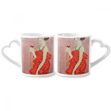 Imagem de Conjunto de canecas de porcelana para casal com pintura chinesa de beleza vestido vermelho com alça de coração