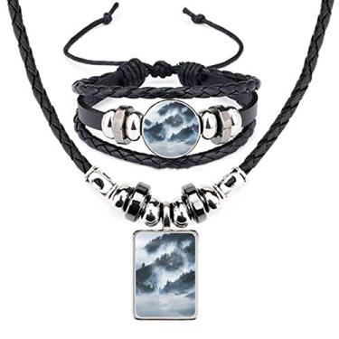 Imagem de Conjunto de joias para colar de couro com estampa florestal Fog Nature Scenery Science