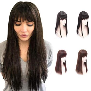 Imagem de Clipe de cobertura de franja reta de 20 polegadas em peça de realce de coroa de peruca para mulheres com queda de cabelo marrom escuro