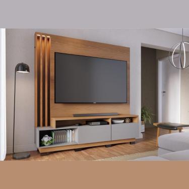 Imagem de Rack Com Painel Para TV Até 75 Polegadas Home Theater Ripado Luz LED Sala Marrom Madeira Cinza Fosco