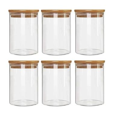 Imagem de Kit com 6 Potes 600ml Hermético de Vidro Com Tampa De Bambu