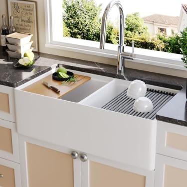 Imagem de DeerValley Farmhouse Sink Workstation - Avental reclay branco de 83,8 cm para pias de fazenda, pia de montagem profunda de tigela dupla com acessórios para estação de trabalho