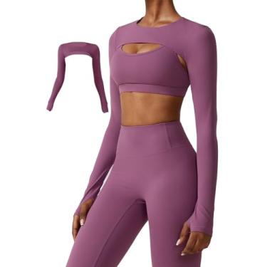 Imagem de Vertvie Blusa feminina de manga comprida, bolero, para treino, frente aberta, corte, cardigã recortado, ioga, esportes, camisetas, capas de braço, Roxa, Large