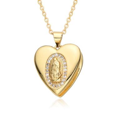 Imagem de Colar com pingente Nossa Senhora de Guadalupe CZ Virgem Maria, banhado a ouro, colar com medalhão em forma de coração para mulheres e homens, joias de Natal para presente, Cobre, Sem Pedra Preciosa