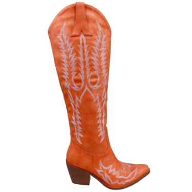 Imagem de Frankie Hsu Botas femininas bordadas, estilo caubói ocidental, costura na altura do joelho, laranja, amêndoa, salto grosso, moda, retrô, clássico, panturrilha larga, tamanho grande, sapatos sem fecho,