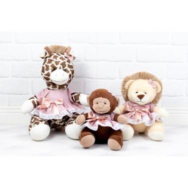 Imagem de Conjunto de bichos de pelucia Safari Girafa 22cm/Leão 18cm/Macaco 15cm- vestido com lese (ROSE)